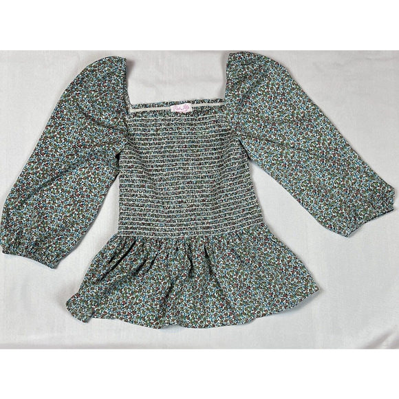 Pink Lily Top Small Puff Sleeve Smocked Square Neck Crop Peasant Flowy Shirt EUC - Picture 1 of 8